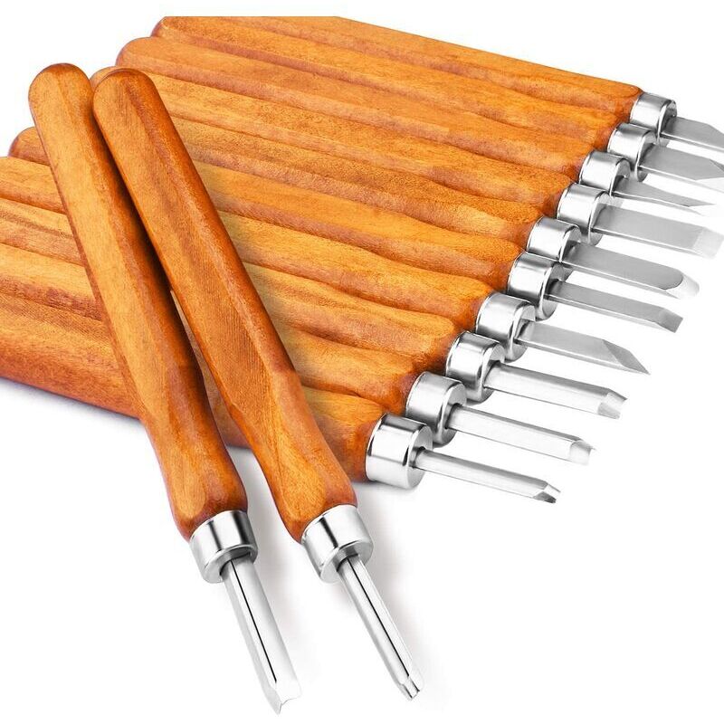 foto del prodotto 12 pezzi di scalpello per legno in acciaio al carbonio con guaina protettiva, strumenti per intaglio professionale per incisori hobbisti