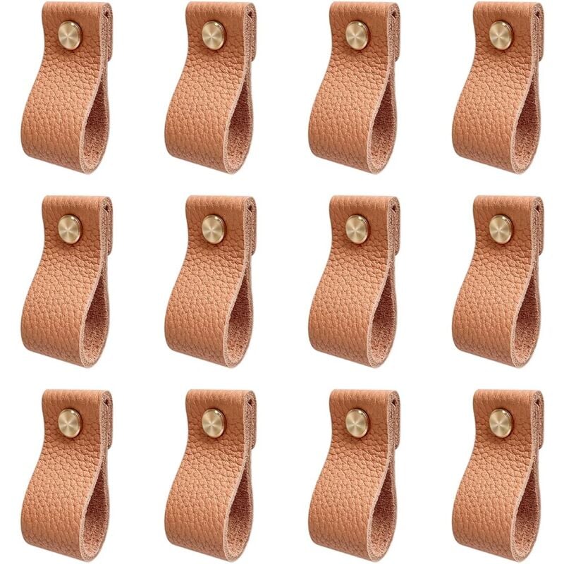foto del prodotto 12 pezzi maniglie per cassetti in pelle per mobili, maniglie per armadietti, maniglie per mobili con viti, colore zucca, 2,5x14 cm ymyny