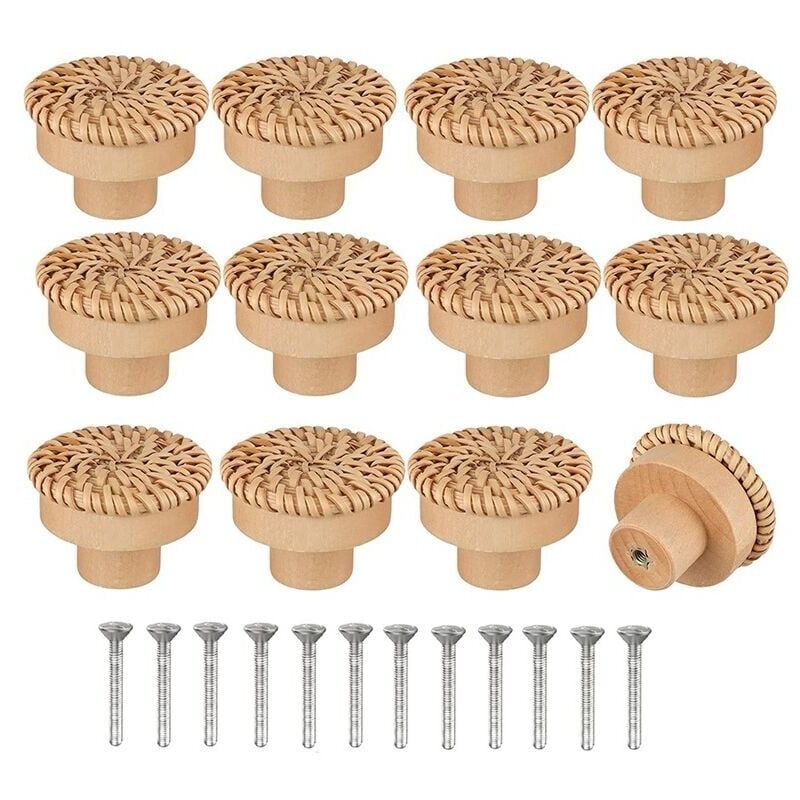 foto del prodotto 12 pezzi manopole rotonde in rattan per cassettiere in stile boh mien, maniglie fatte a mano con viti per mobili in legno, cassettiere, armadi lo ron