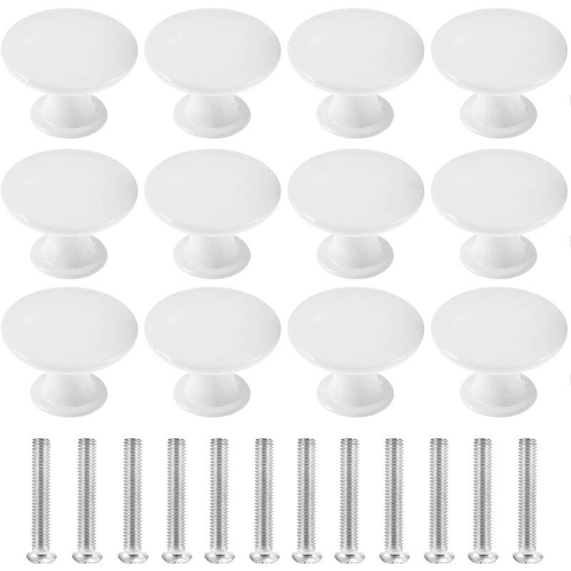 foto del prodotto 12 pezzi pomelli per mobili, rotonde maniglie per porte da 30 mm, pomolo per mobile in alluminio per cassetti armadi da cucina bianco
