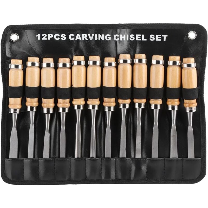 foto del prodotto 12 scalpelli per legno, utensili da falegnameria con manici in legno, custodia per fai da te e artigianato