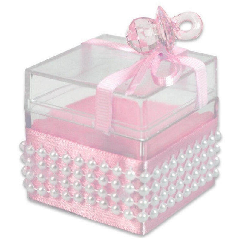 foto del prodotto 12 scatolina porta confetti bomboniera nascita battesimo ciuccio bimba rosa trade shop traesio