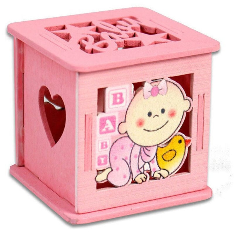foto del prodotto 12 scatolina porta confetti in legno bomboniera nascita battesimo rosa femmina trade shop traesio