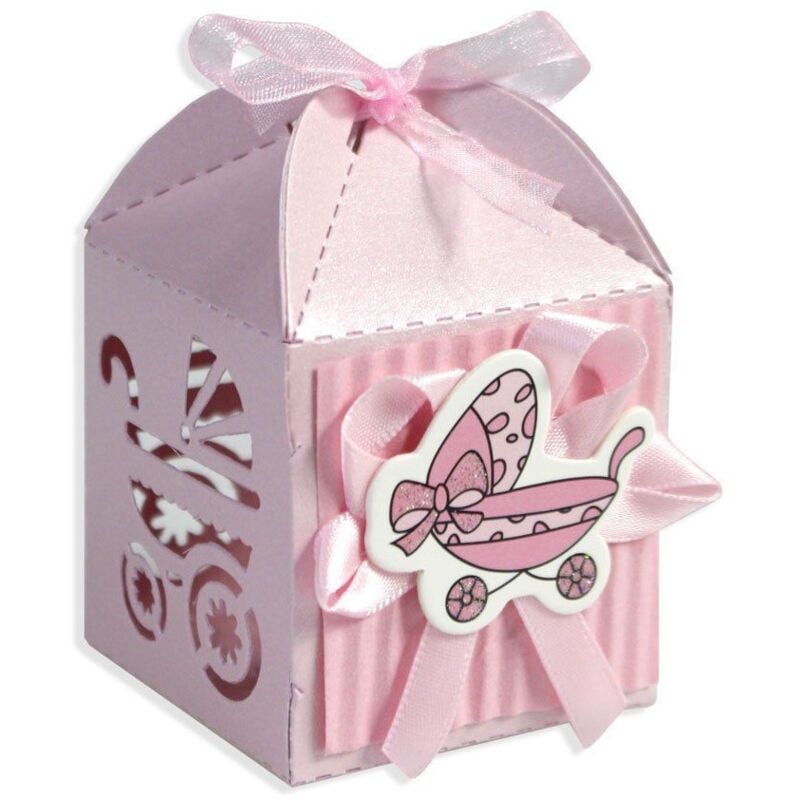 foto del prodotto 12 scatoline porta confetti bomboniera nascita battesimo bimba rosa carrozzina trade shop traesio