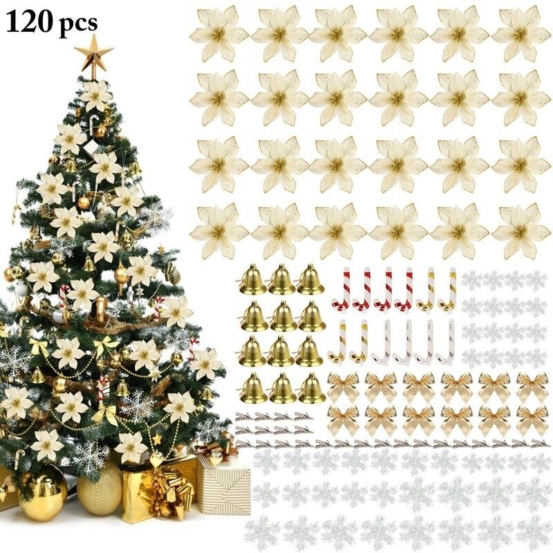foto del prodotto 120 decorazioni per l albero di natale con stella di natale glitterata, ornamenti oro , 24 fiori per l albero di natale, 36 fiocchi di neve, 12