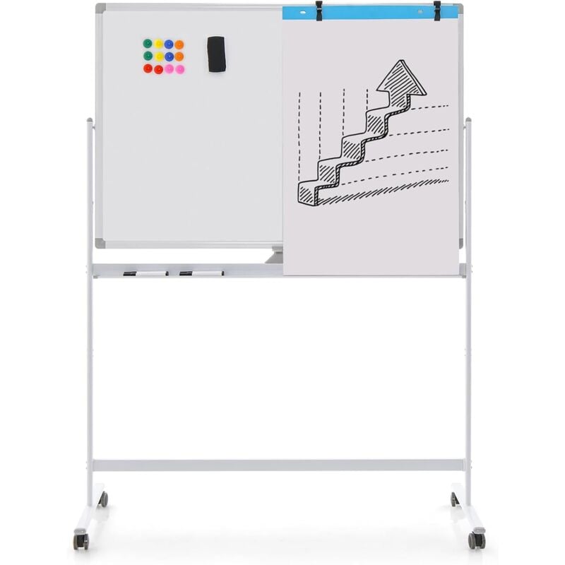 foto del prodotto 120 x 80 cm lavagna mobile doppia faccia, regolabile in altezza con pennarelli gomma, ruote bloccabili, struttura metallica, lavagna cancellabile