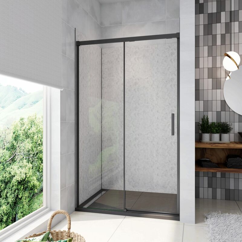 foto del prodotto 120x195 cm box doccia per nicchia porta scorrevole in vetro 8 mm temperato trasparente anticalcare profilo nero opaco softclose