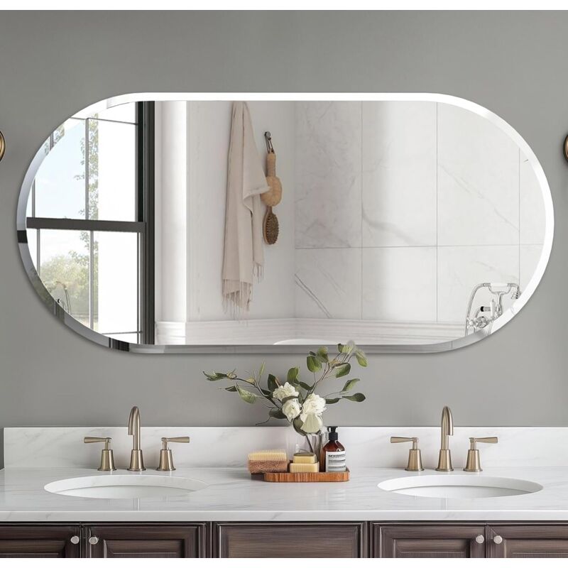 foto del prodotto 120x60cm specchio da bagno decorativo ingresso da parete ovale moderno argento vetro