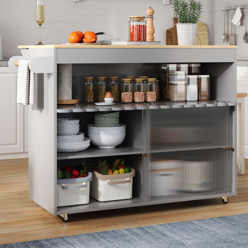 foto del prodotto 122 x 46 69 x 91 cm, carrello pieghevole per isola cucina, piano di lavoro impiallacciato in rovere, ante scorrevoli in vetro temperato, ripiani