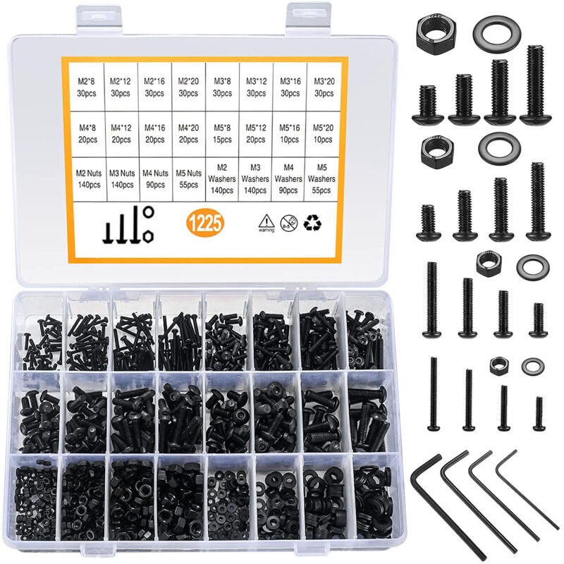 foto del prodotto 1225 pezzi set di viti a testa tonda con esagono incassato con rondelle piatte set di dadi m2m3m4m5
