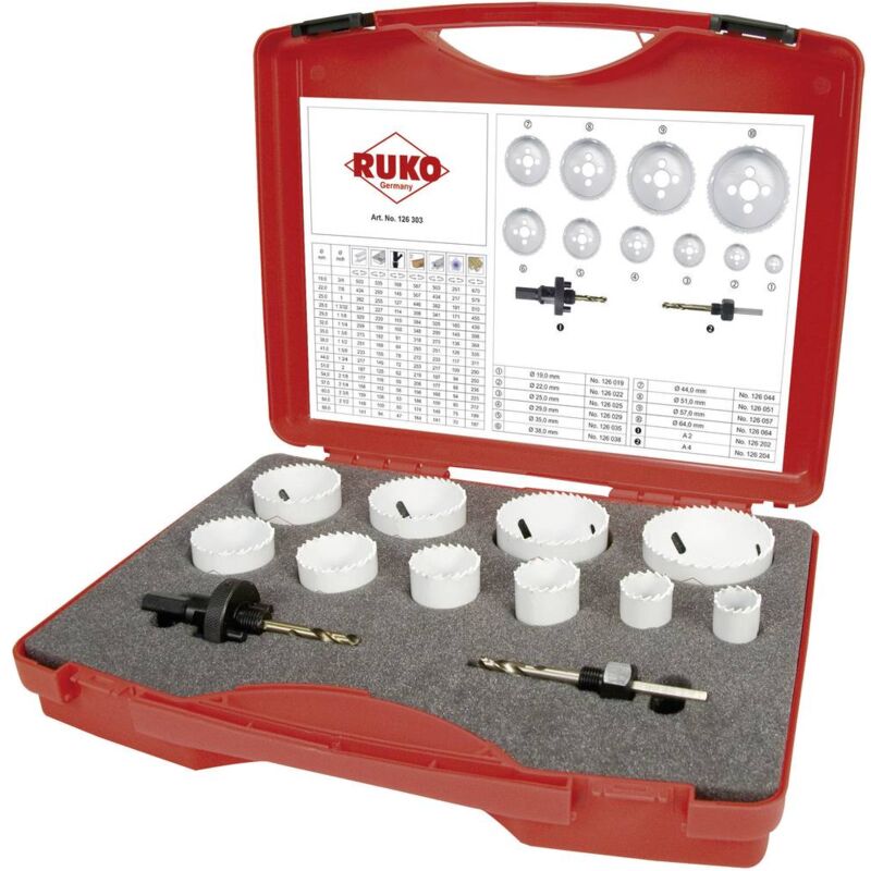foto del prodotto 126303 kit seghe a tazza 12 parti 19 mm, 22 mm, 25 mm, 29 mm, 35 mm, 38 mm, 44 mm, 51 mm, 57 mm, 64 mm cobalto 1 k ruko