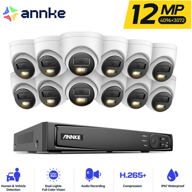 foto del prodotto 12mp kit videosorveglianza esterno, 12 x telecamere esterno poe da 12mp con audio, nvr da 16ch rilevamento di persone veicoli, visione notturna a