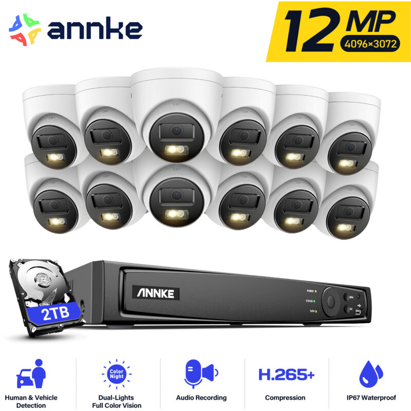 foto del prodotto 12mp kit videosorveglianza esterno, 12 x telecamere esterno poe da 12mp con audio, nvr da 16ch rilevamento di persone veicoli, visione notturna a