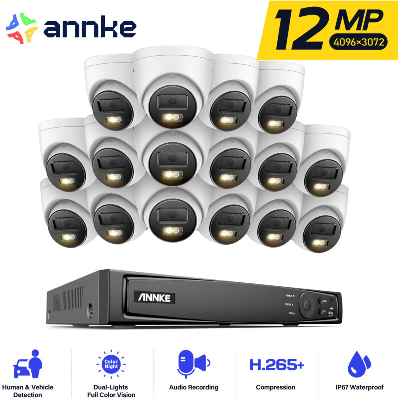foto del prodotto 12mp kit videosorveglianza esterno, 16 x telecamere esterno poe da 12mp con audio, nvr da 16ch rilevamento di persone veicoli, visione notturna a