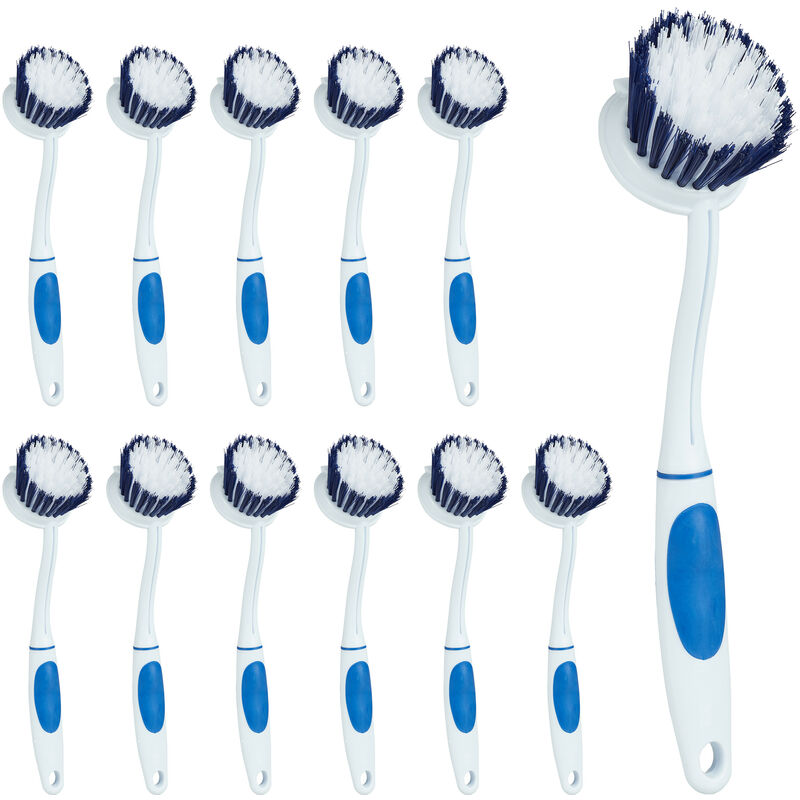 foto del prodotto 12x spazzola per i piatti, setole semi dure, manico in gomma, plastica, piatti e stoviglie, blu bianco