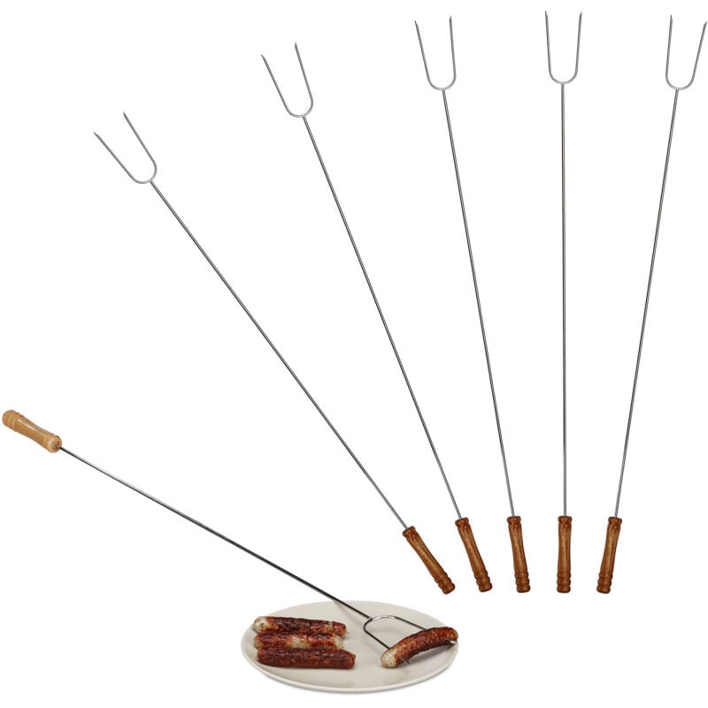 foto del prodotto 12x spiedi da barbecue, forchettoni con manico in legno, universali, lunghezza 80 cm, acciaio inox, argentato naturale