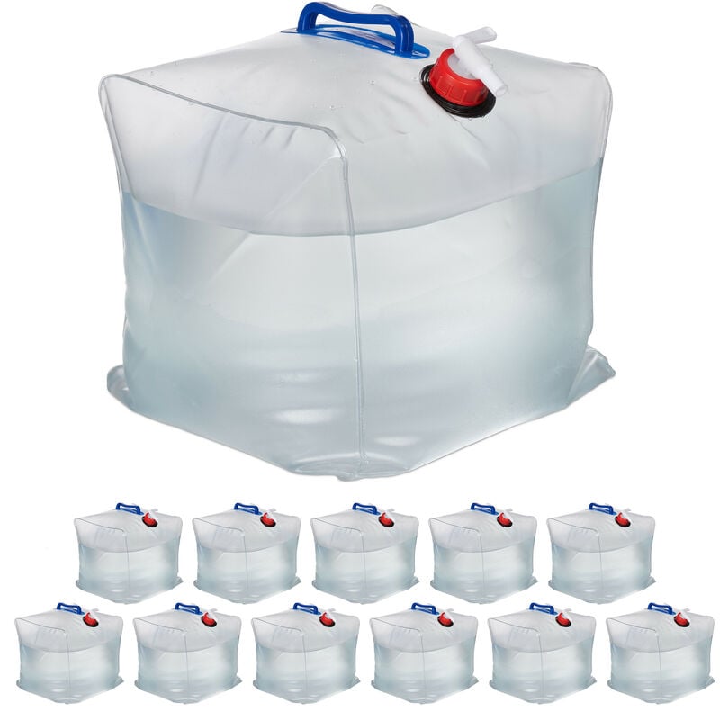 foto del prodotto 12x tanica acqua da campeggio, 20 l, pieghevole, set da 12, con rubinetto, manici, serbatoio bpa free, trasparente