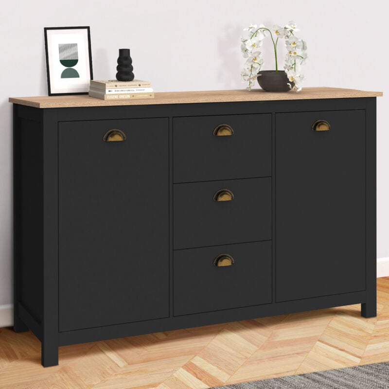 foto del prodotto 130 cm credenza country isis con 2 ante e 3 cassetti in legno e nero