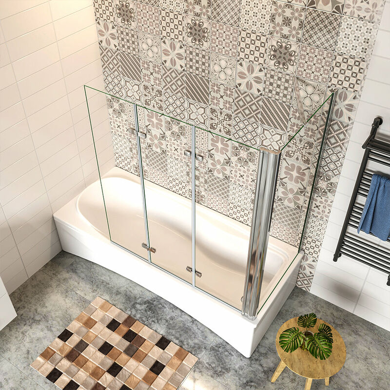 foto del prodotto 130x140cm parete doccia sopravasca angolare 3 ante pieghevoli con parete laterale 75 cm vetro temperato 6 mm trasparente anticalcare cromato lucido