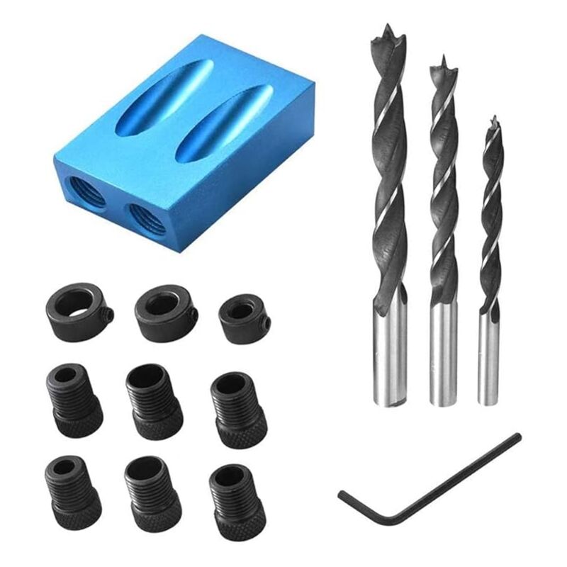 foto del prodotto 14 pezzi di guida per fori tascabili, posizionatore per fori obliqui da 15 , localizzatore per fori obliqui in lega di alluminio con adattatore per