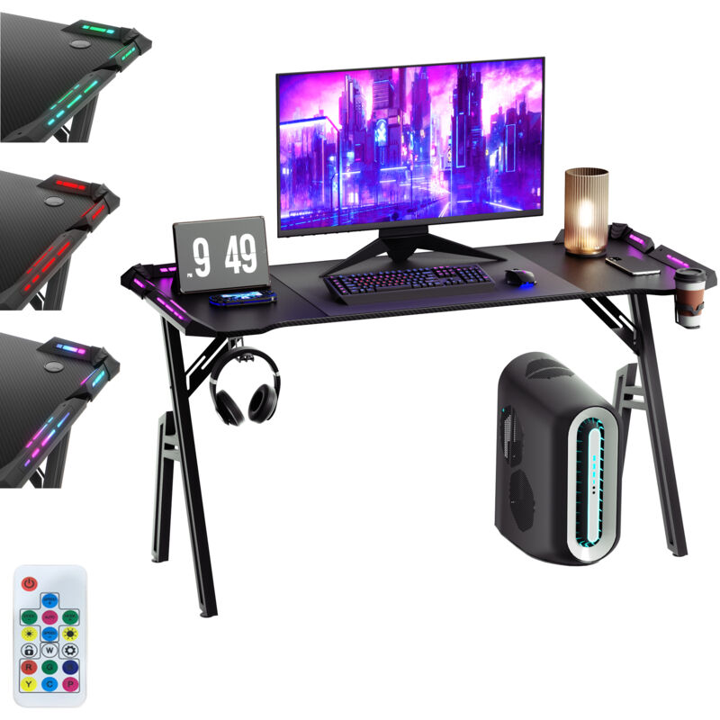 foto del prodotto 140 x 60 cm a frame gaming desk scrivania da gioco con led rgb regolabile, portabicchieri, gancio per cuffie e poggiapiedi regolabile scrivania per