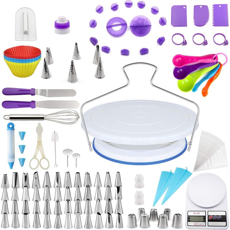 foto del prodotto 143 pezzi kit per decorare e cuocere, piatto girevole per torte, utensili per decorare in silicone, utensili per cuocere multifunzionali con