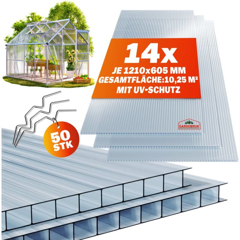 foto del prodotto 14x lastre alveolari policarbonato 50x clip acciaio inox 4mm 10,25 m pannelli serra doppia parete 1210x605 gardebruk
