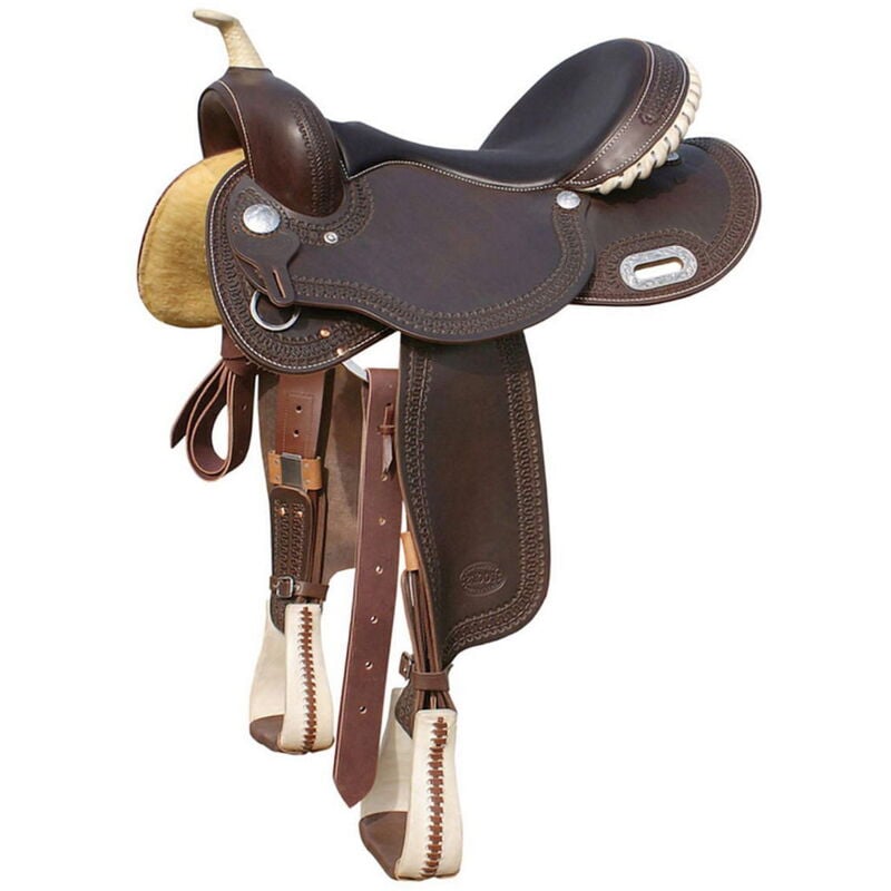 foto del prodotto 15,5 , marrone scuro sella western da barrel in cuoio ingrassato con arcione in ralide 5020