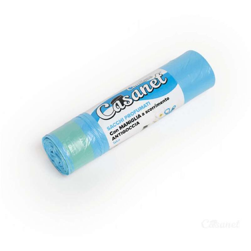 foto del prodotto 15 sacchi per la spazzatura azzurri con maniglia e profumo talco 55 x 65 cm