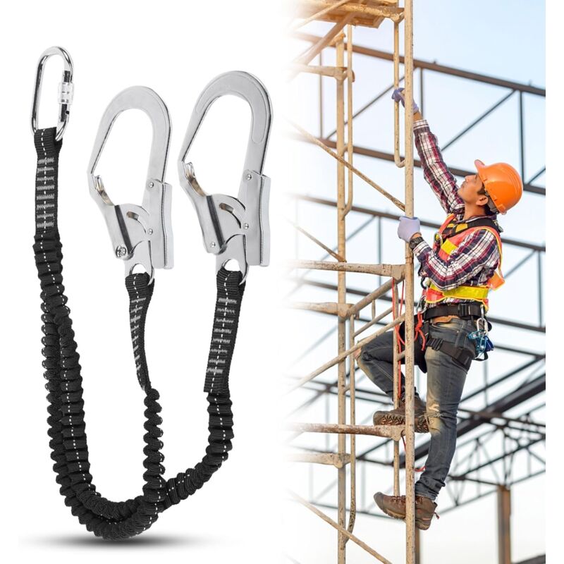 foto del prodotto 150 200cm, gancio elastico per cintura di sicurezza da 1 pollice, 15kn doppio gancio in acciaio grande cordino di sicurezza antiurto protezione