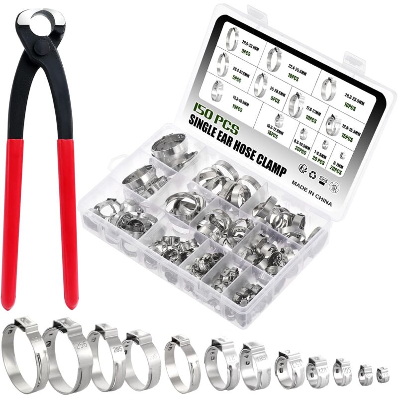 foto del prodotto 150 pezzi 304 acciaio inossidabile 6 33,1 mm fascette stringitubo a orecchio singolo, fascetta stringitubo, anelli di serraggio tubi con pinze 12