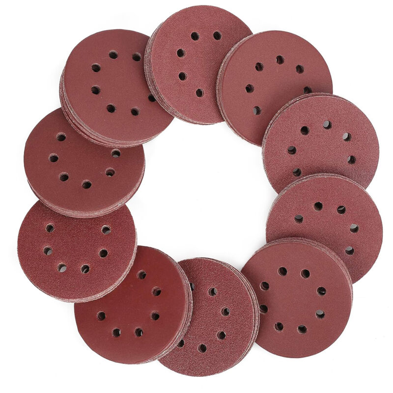 foto del prodotto 150 pezzi di dischi abrasivi, dischi abrasivi da 125 mm con 8 fori, carta vetrata, carta vetrata, grana 60, 80, 100, 120, 150,180, 240, 320, 400, 600