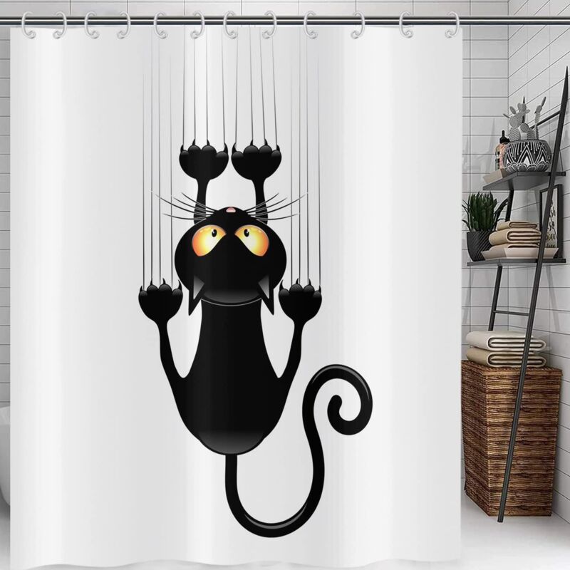 foto del prodotto 150x180 cm tenda da doccia gatto nero con zampe simpatico gatto divertente tenda da doccia gattino sfondo bianco tenda da doccia in fibra di