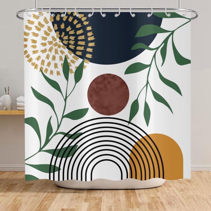 foto del prodotto 150x180cm tenda da doccia con motivo a foglie verdi tenda da doccia geometrica boho tenda da doccia lavabile in tessuto poliestere impermeabile e