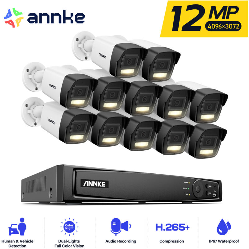 foto del prodotto 16 channel 12mp kit videosorveglianza poe,12x12mp telecamera esterno ip poe impermeabile,registrazione 24/7,colori visione notturna,intelligente