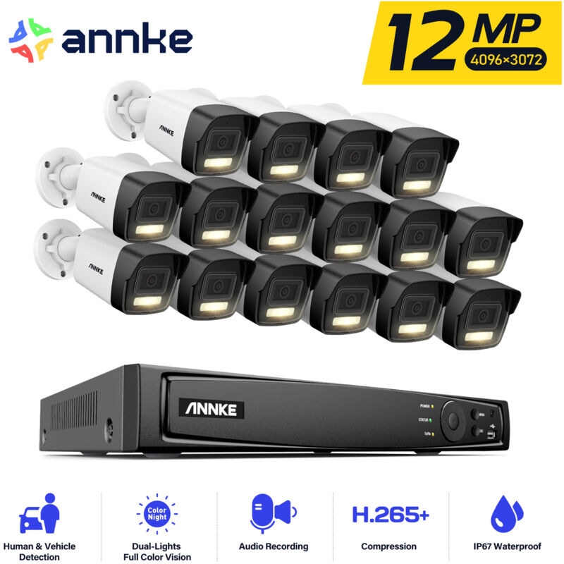 foto del prodotto 16 channel 12mp kit videosorveglianza poe,16x12mp telecamera esterno ip poe impermeabile,registrazione 24/7,colori visione notturna,intelligente