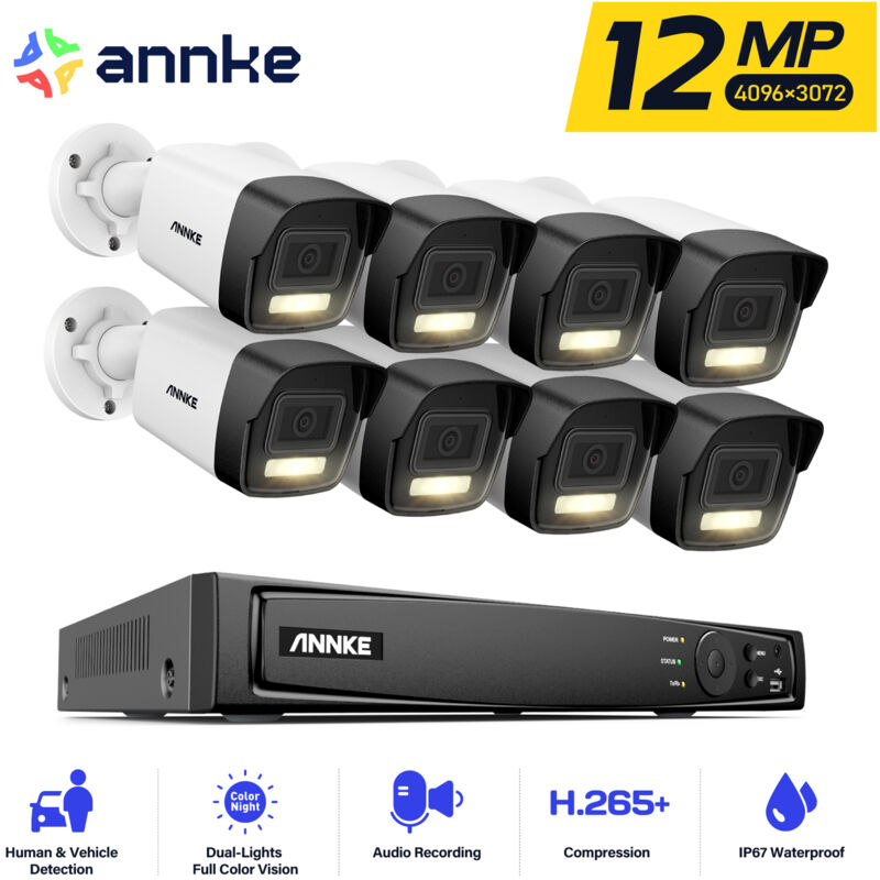 foto del prodotto 16 channel 12mp kit videosorveglianza poe,intelligente rilevamento di persone e veicoli,8x12mp telecamera esterno ip poe impermeabile,registrazione