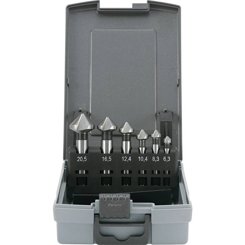 foto del prodotto 1614138 kit svasatori conici 6 parti 6.3 mm, 8.3 mm, 10.4 mm, 12.4 mm, 16.5 mm, 20.5 mm hss alberino cilindri toolcraft