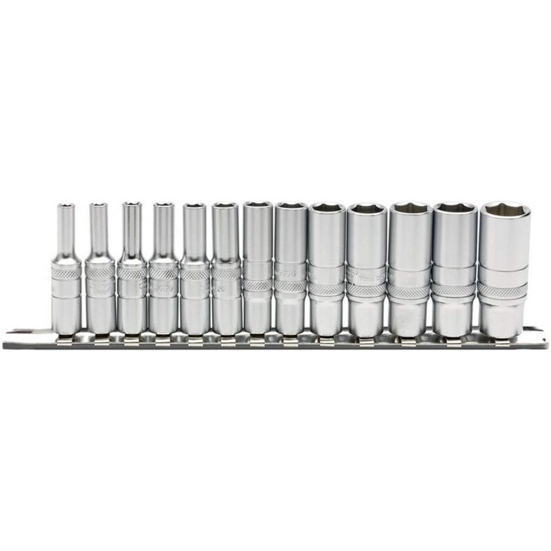 foto del prodotto 16490 1 4 inch square drive metric 13 piece deep sockets on metal rail draper