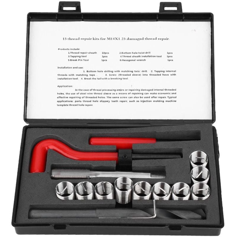 foto del prodotto 17 pezzi kit di riparazione filettature, punte elicoidali in acciaio inossidabile m12x1,25 maschi ss inserti filettati strumento di installazione