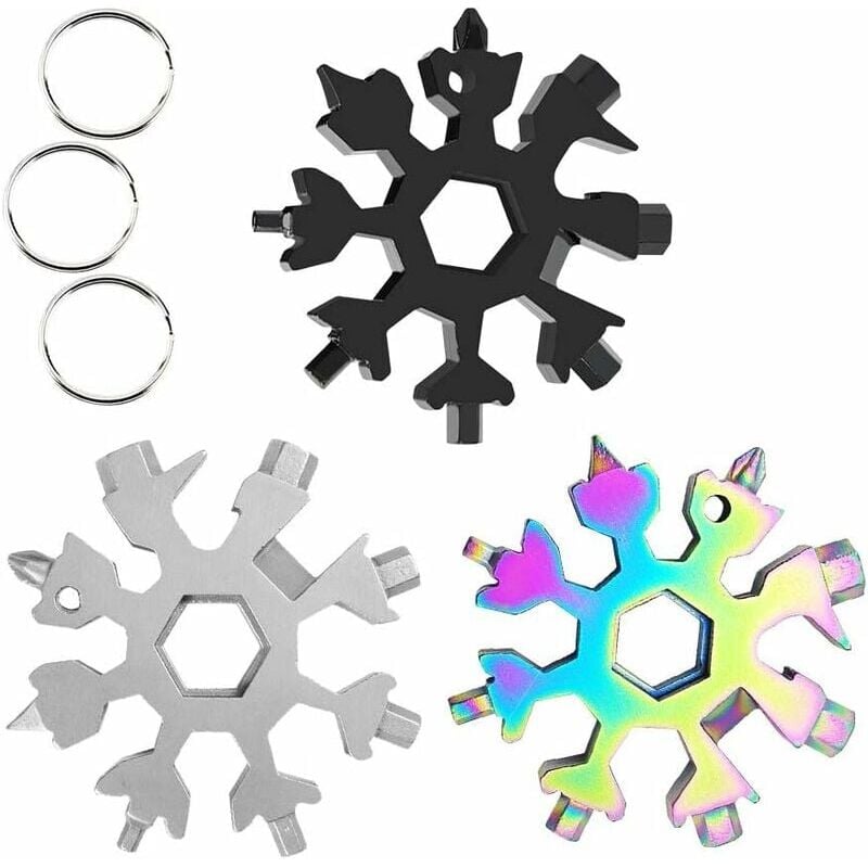 foto del prodotto 18 in 1 snowflake multi-tool, 3 pezzi in acciaio inox snowflake wrench, per viaggi quotidiani, campeggio, avventure, mini strumenti portatili