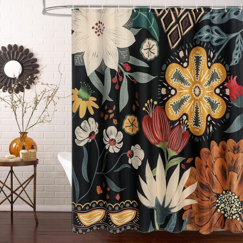 foto del prodotto 180x180cm tenda da doccia floreale boho, tenda da doccia in tessuto con foglie tropicali, adatta per l arredamento del bagno chic ed elegante, tenda