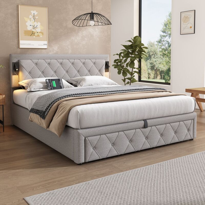 foto del prodotto 180x200 letto imbottito con illuminazione supplementare e porta usb, letto contenitore, matrimoniale, lino, grigio
