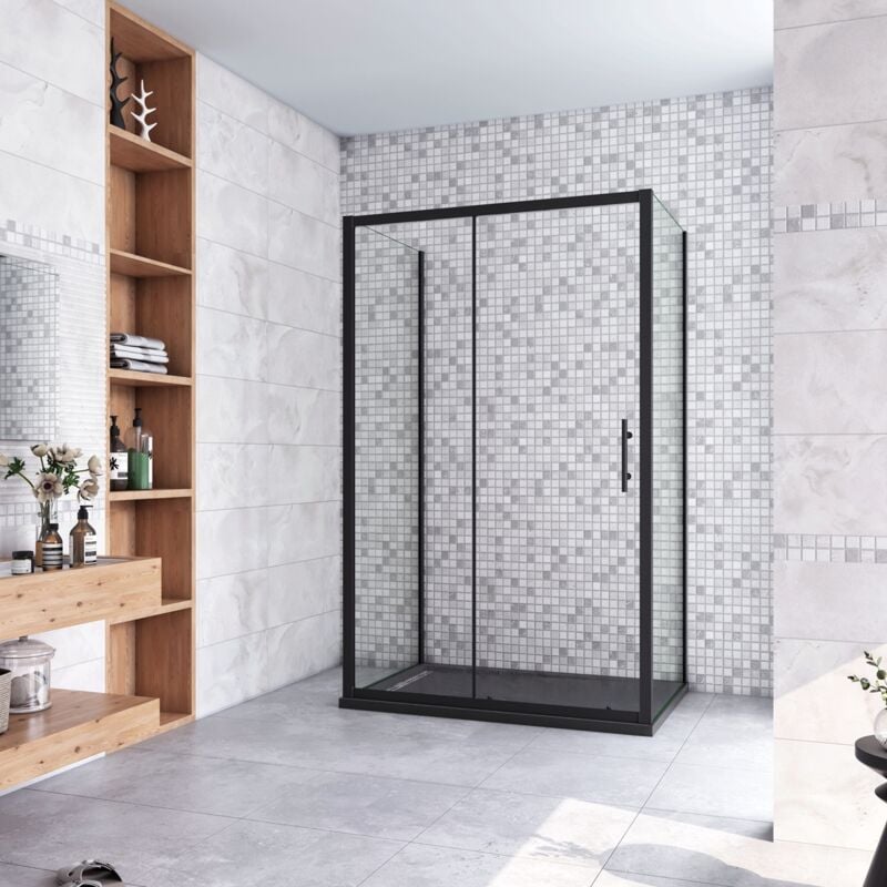 foto del prodotto 185 cm box doccia a tre lati porta scorrevole con doppia parete fissa vetro temperato 5 mm trasparente profilo nero opaco 100x80x80 cm