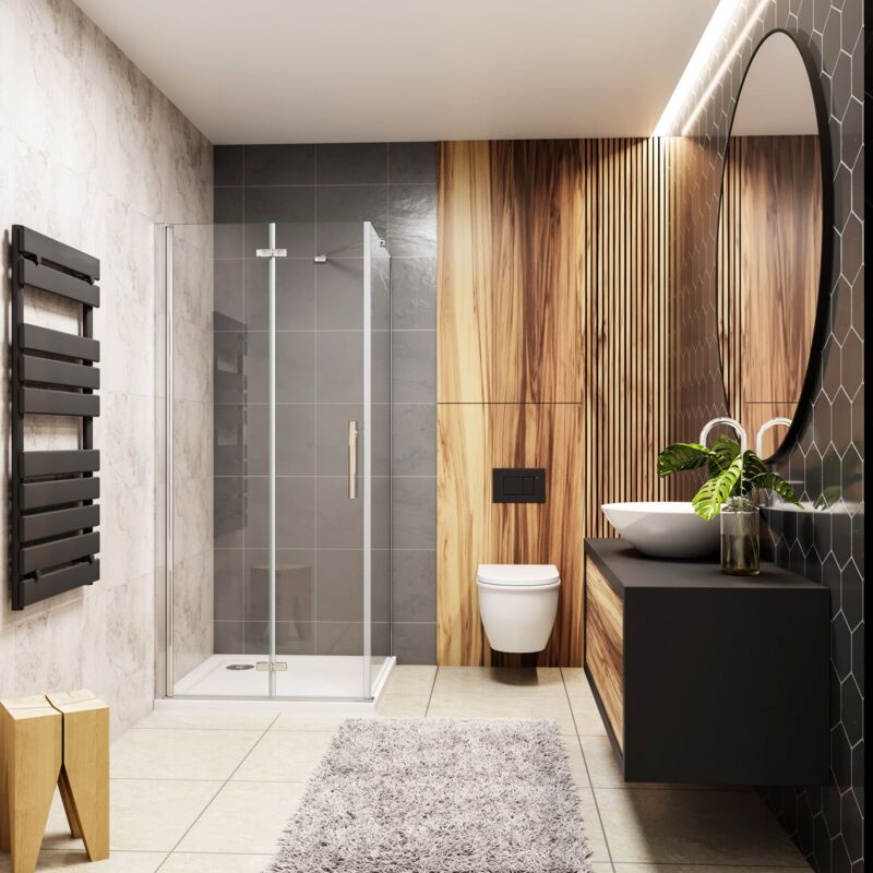 foto del prodotto 185 cm box doccia angolare porta pieghevole a libro e parete laterale con barra stabilizzatrice in vetro 6 mm temperato anticalcare 80x70 cm