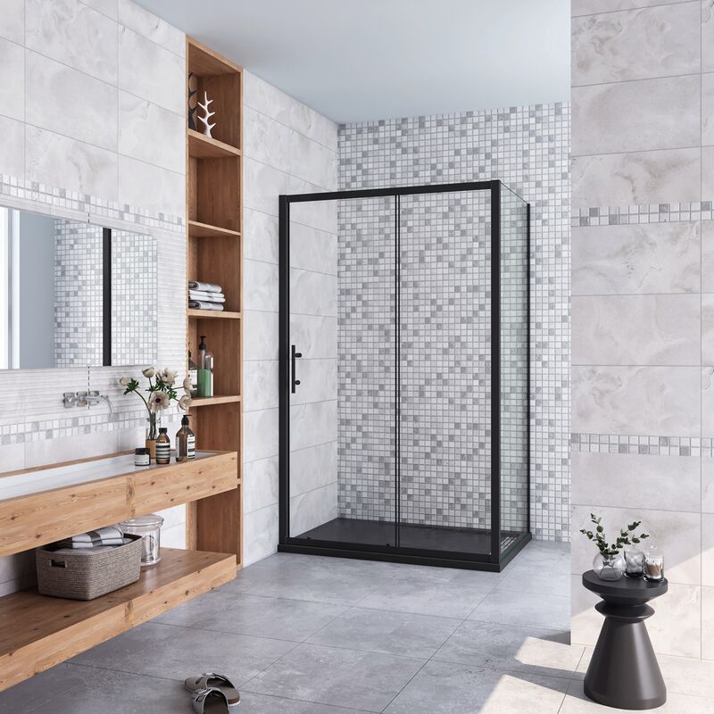 foto del prodotto 185 cm box doccia angolare porta scorrevole con parete fissa vetro temperato 5 mm trasparente profilo nero opaco 120x80 cm