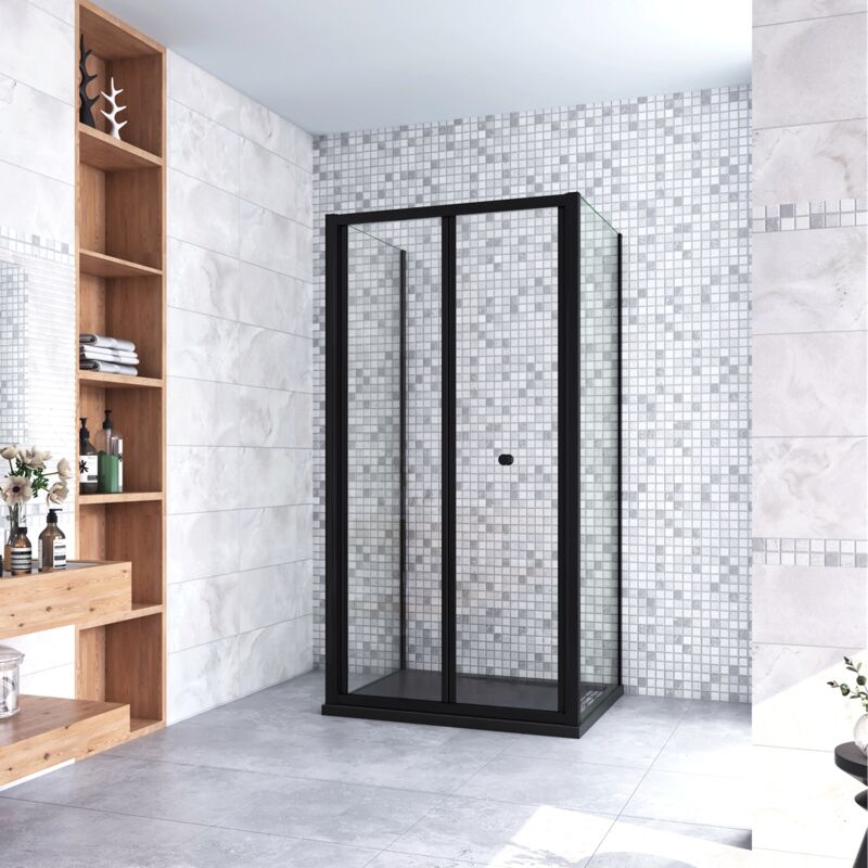 foto del prodotto 185cm box doccia a tre lati porta a soffietto 100cm con doppia parete fissa 70x70cm in vetro temperato trasparente 5 mm profilo nero opaco