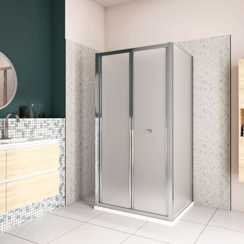foto del prodotto 185cm box doccia a tre lati porta a soffietto 80cm con doppia parete fissa 70x70cm in vetro temperato satinato opaco 5 mm profilo cromato lucido