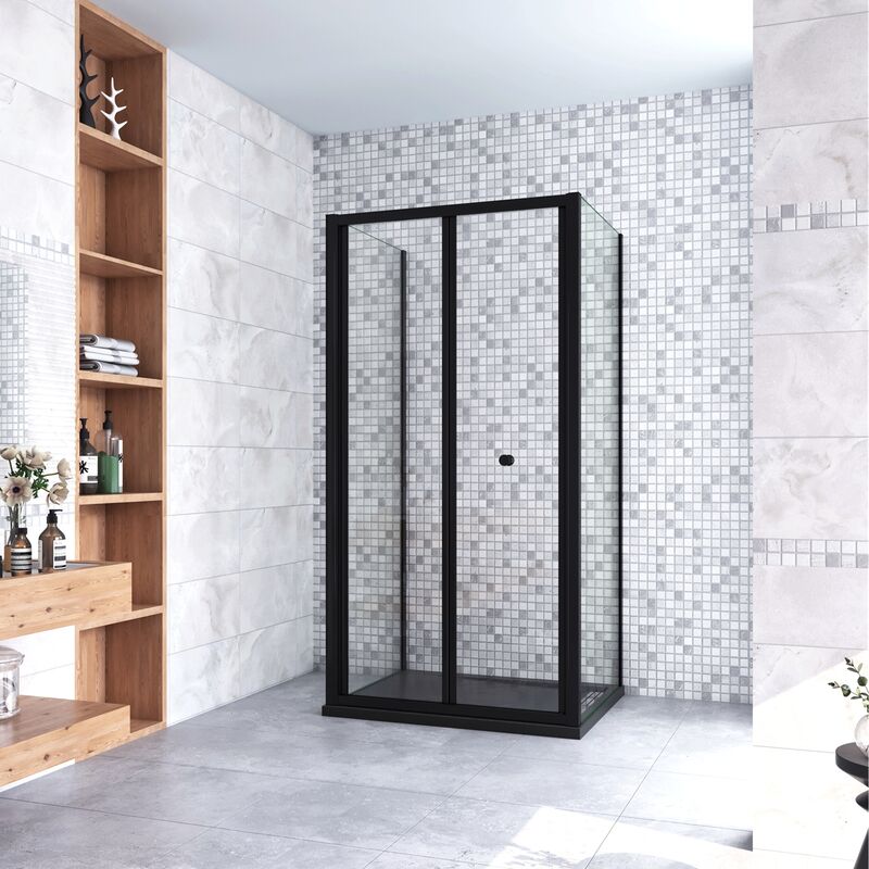 foto del prodotto 185cm box doccia a tre lati porta a soffietto 90cm con doppia parete fissa 70x70cm in vetro temperato trasparente 5 mm profilo nero opaco