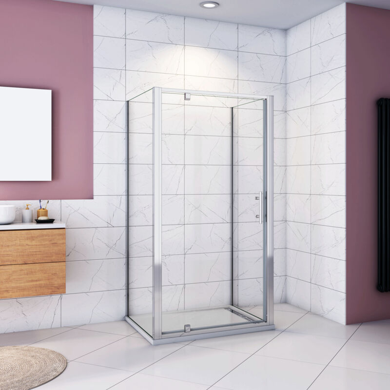foto del prodotto 185cm box doccia a tre lati porta girevole battente 70cm con doppia parete fissa 76x76cm vetro temperato trasparente 5 mm profilo cromo lucido